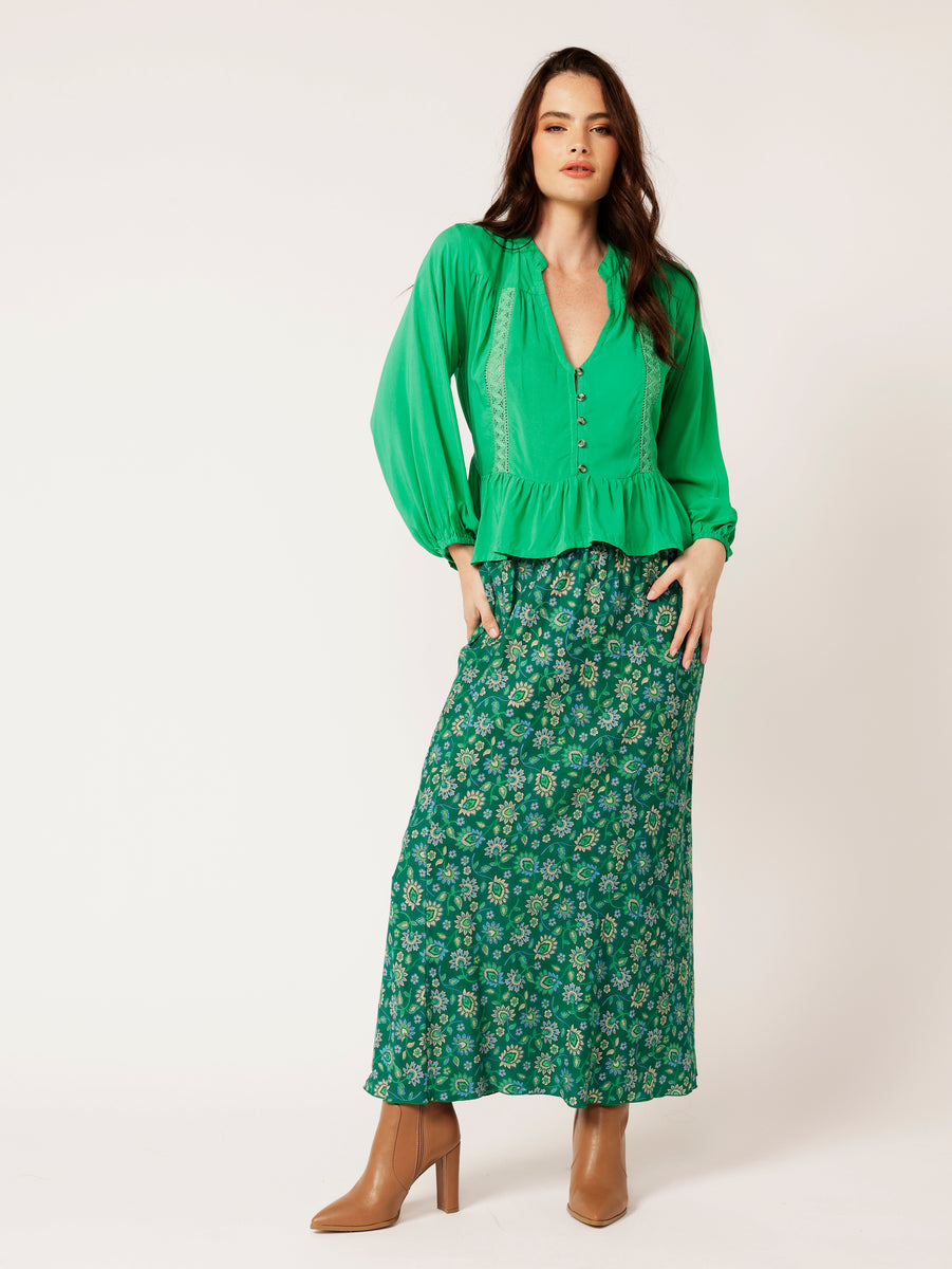 Saffron Road Bias Cut Skirt Rayon Forest Flower