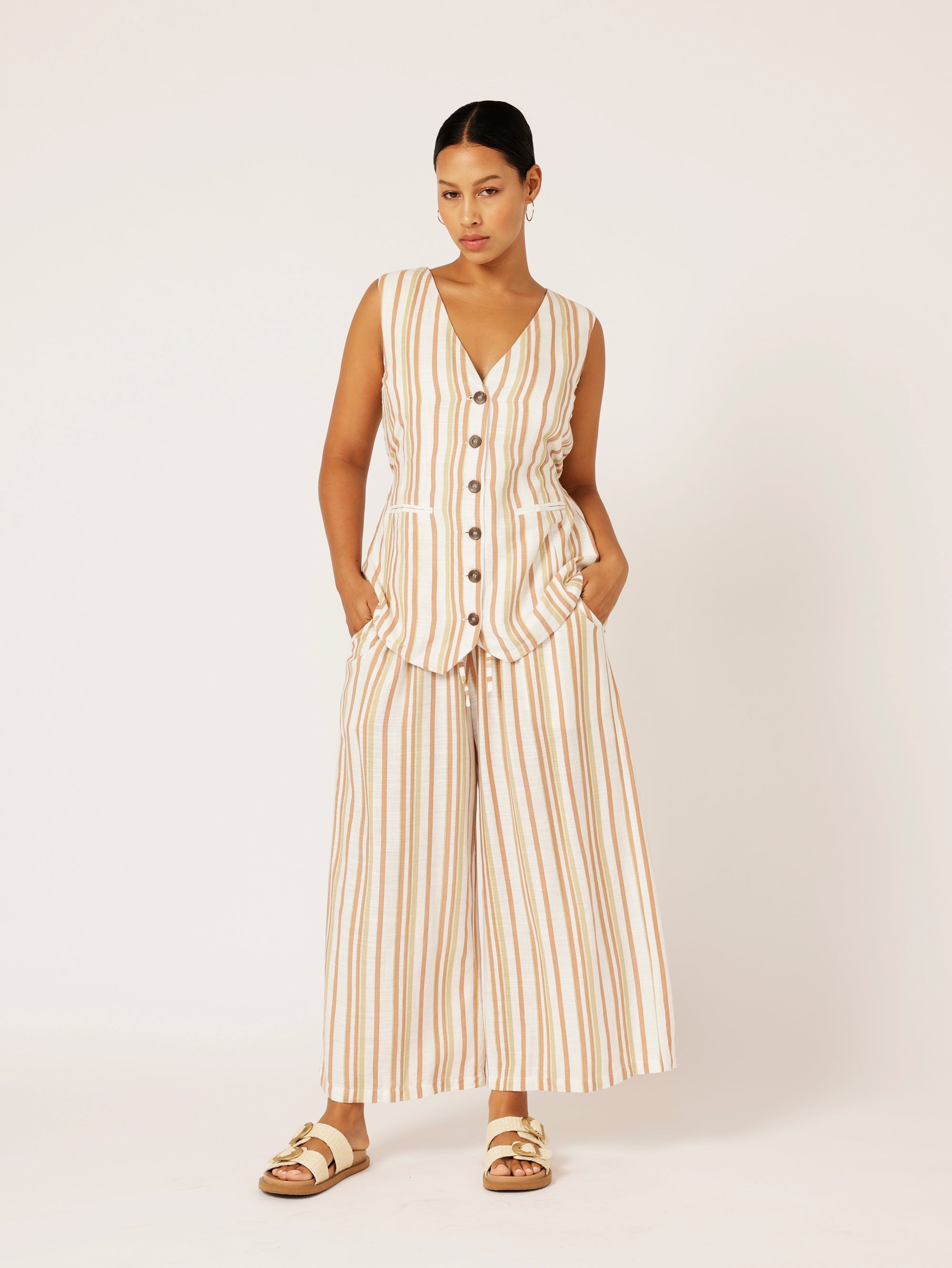 Vest (LONG) | Sand Stripe | Linen Viscose - Saffron Road