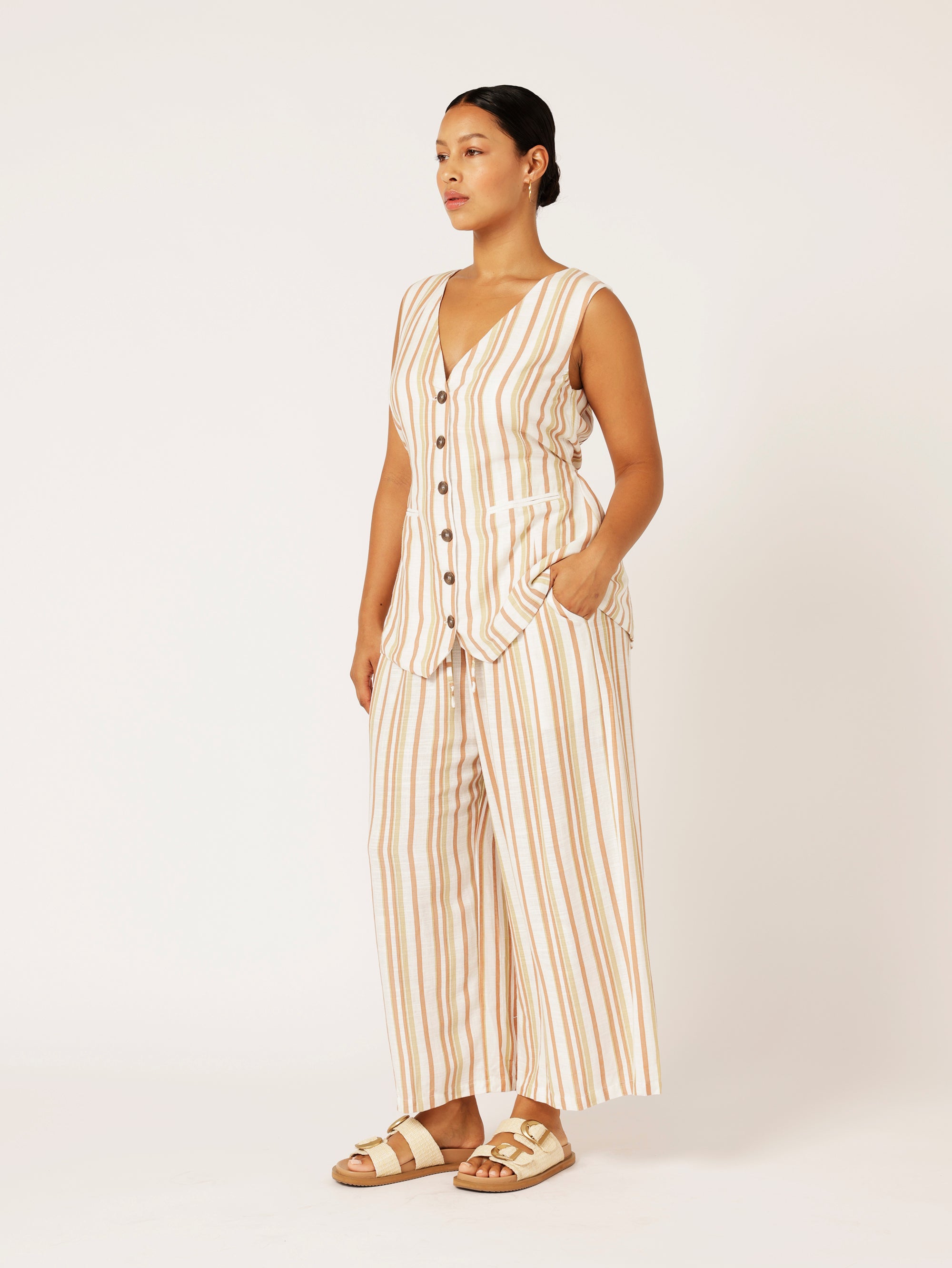 Vest (LONG) | Sand Stripe | Linen Viscose - Saffron Road