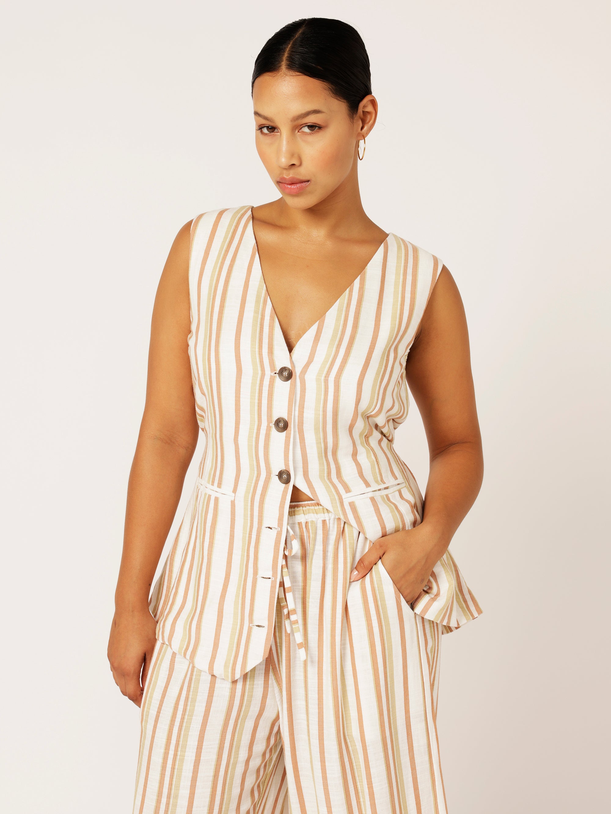 Vest (LONG) | Sand Stripe | Linen Viscose - Saffron Road