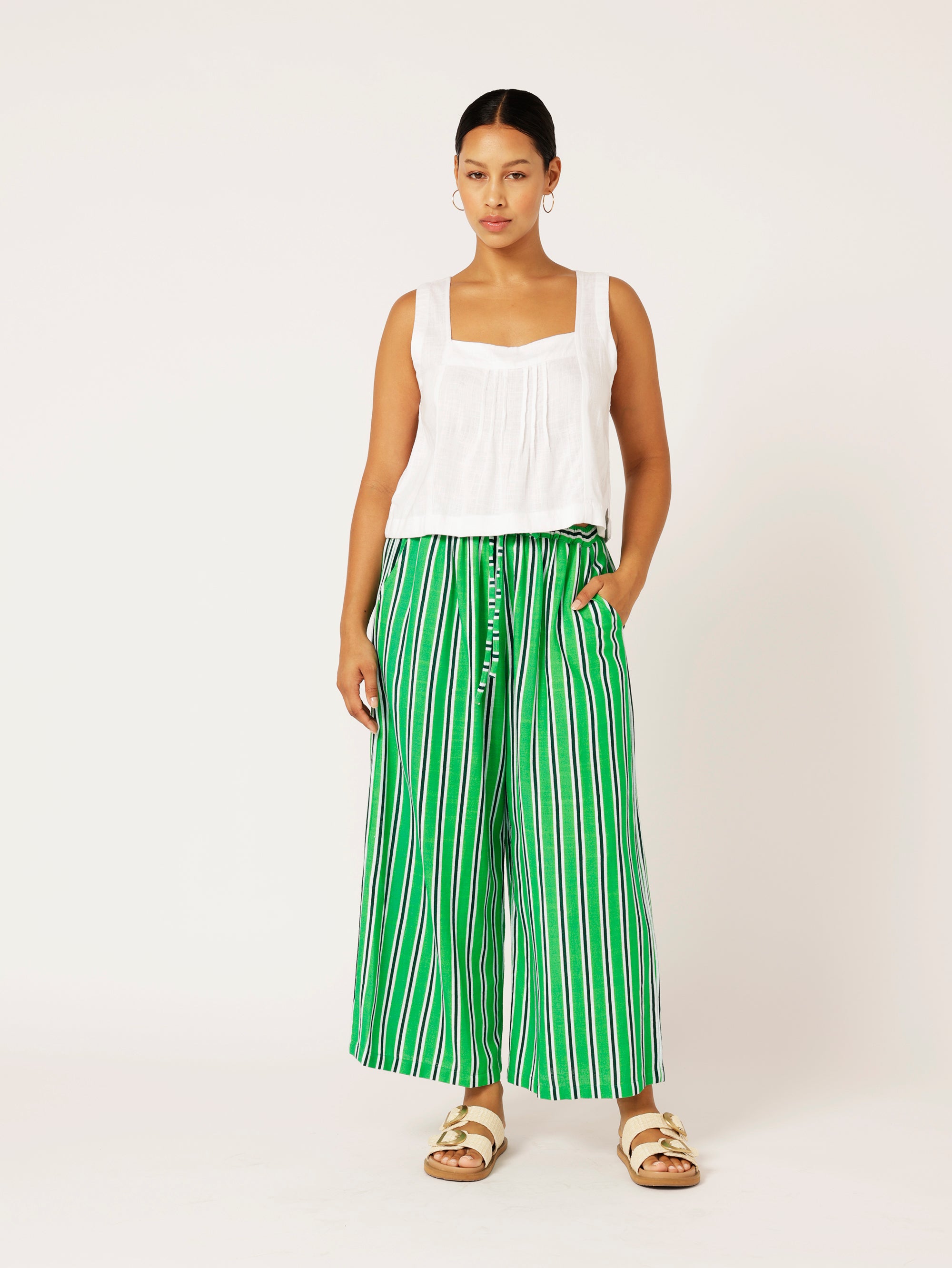 Island Pant | Green Stripe | Linen Viscose - Saffron Road