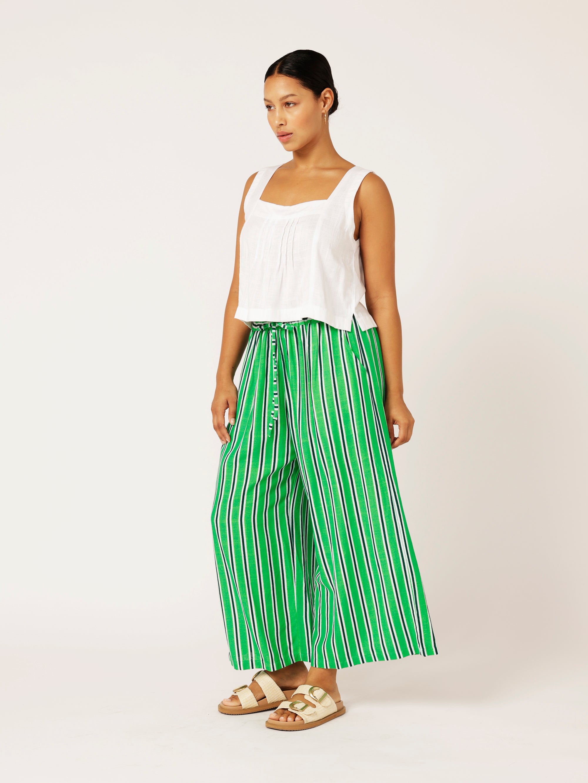 Island Pant | Green Stripe | Linen Viscose - Saffron Road