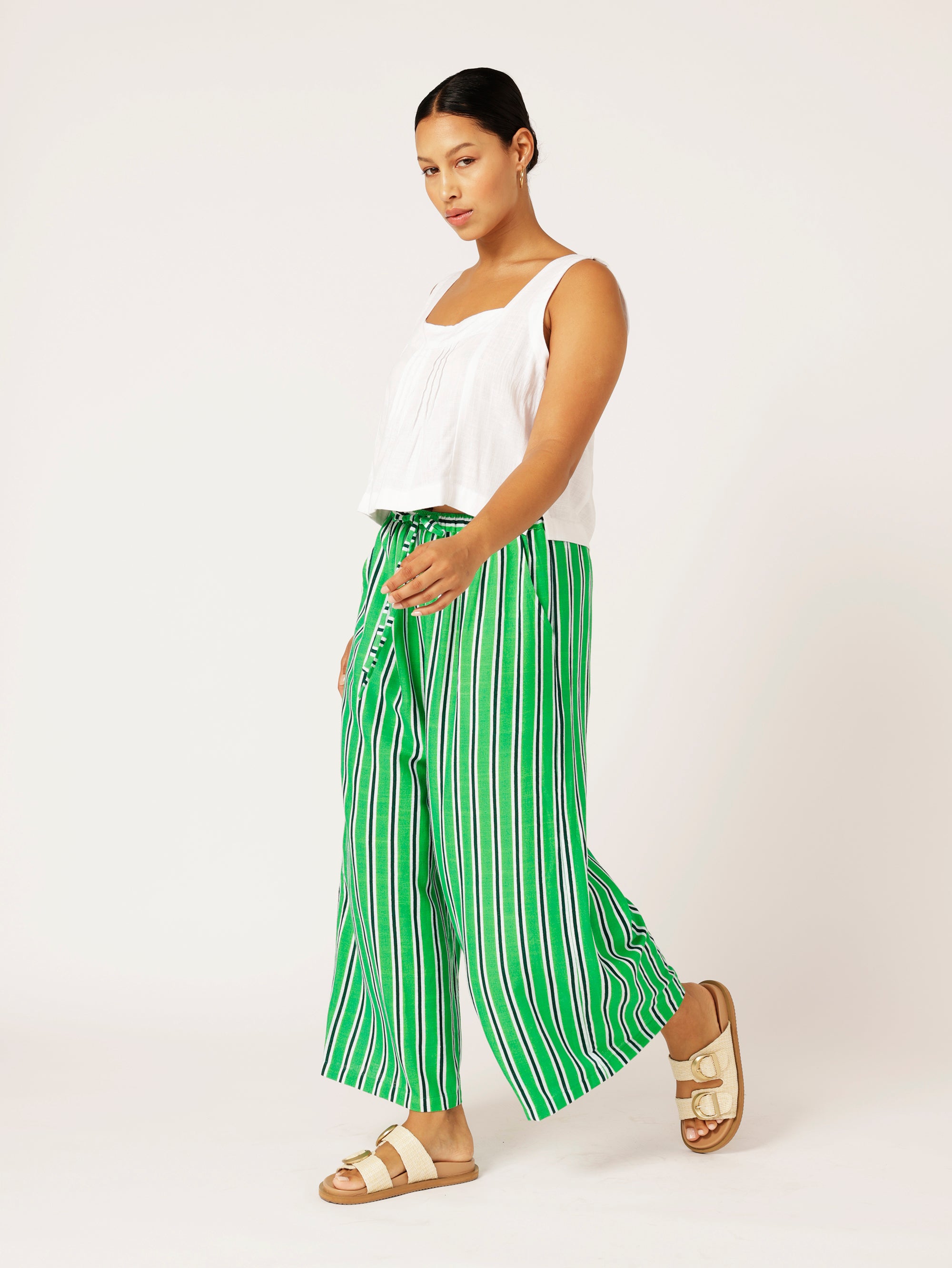 Island Pant | Green Stripe | Linen Viscose - Saffron Road