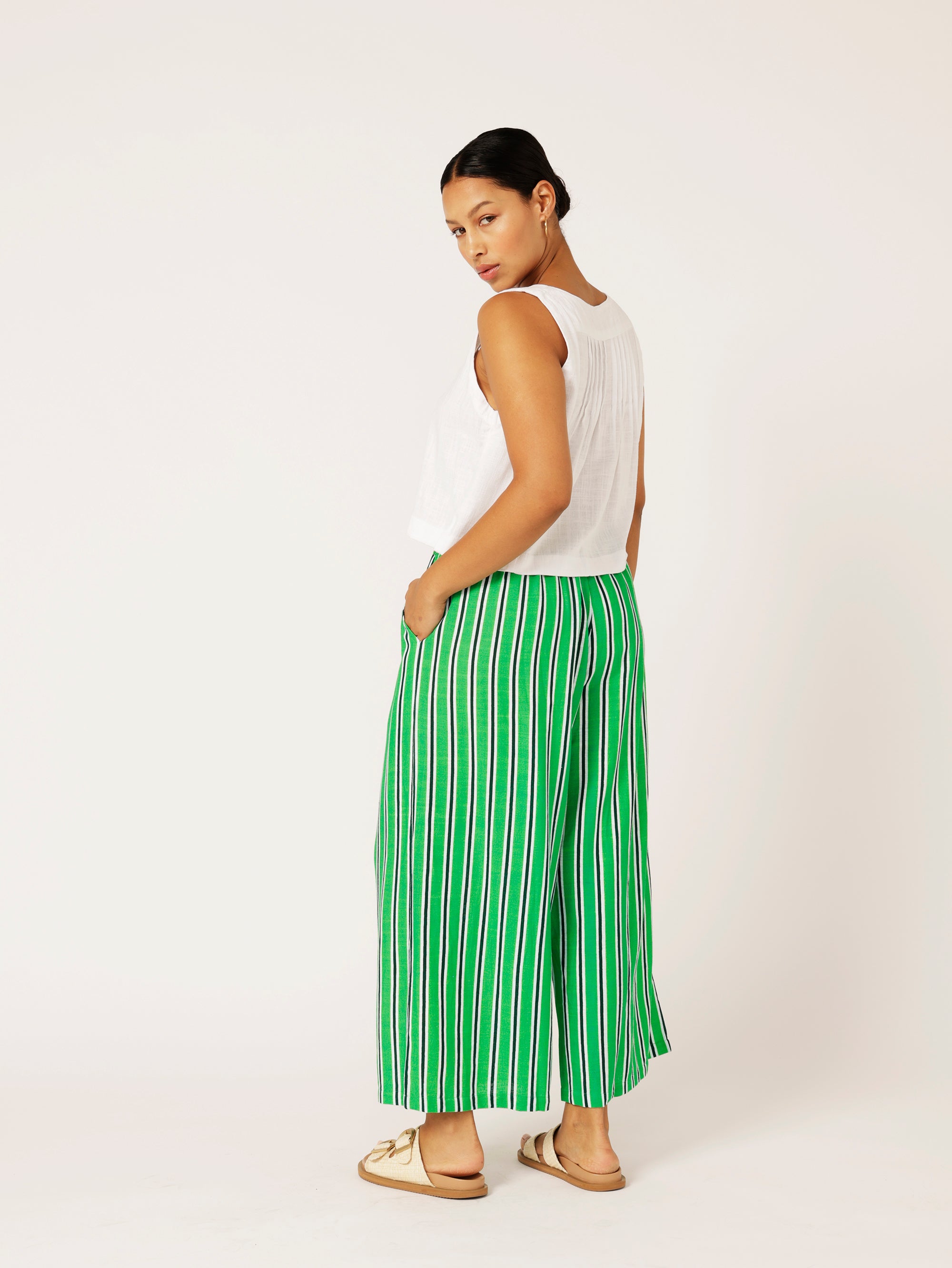 Island Pant | Green Stripe | Linen Viscose - Saffron Road