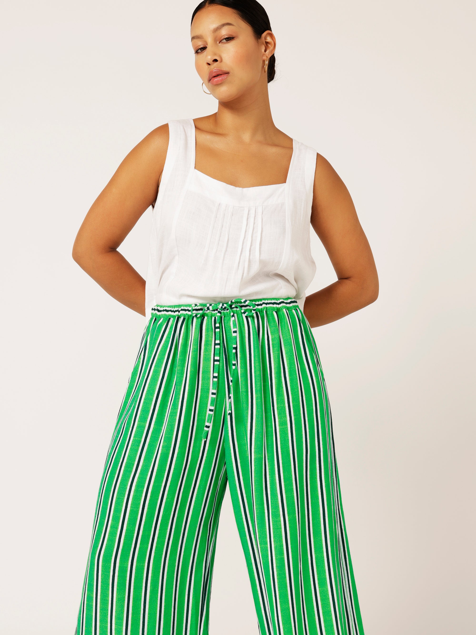 Island Pant | Green Stripe | Linen Viscose - Saffron Road