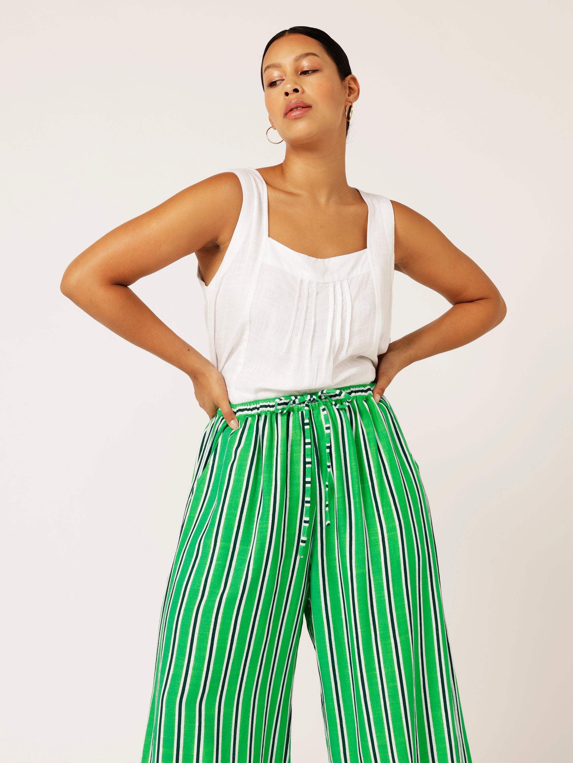 Island Pant | Green Stripe | Linen Viscose - Saffron Road