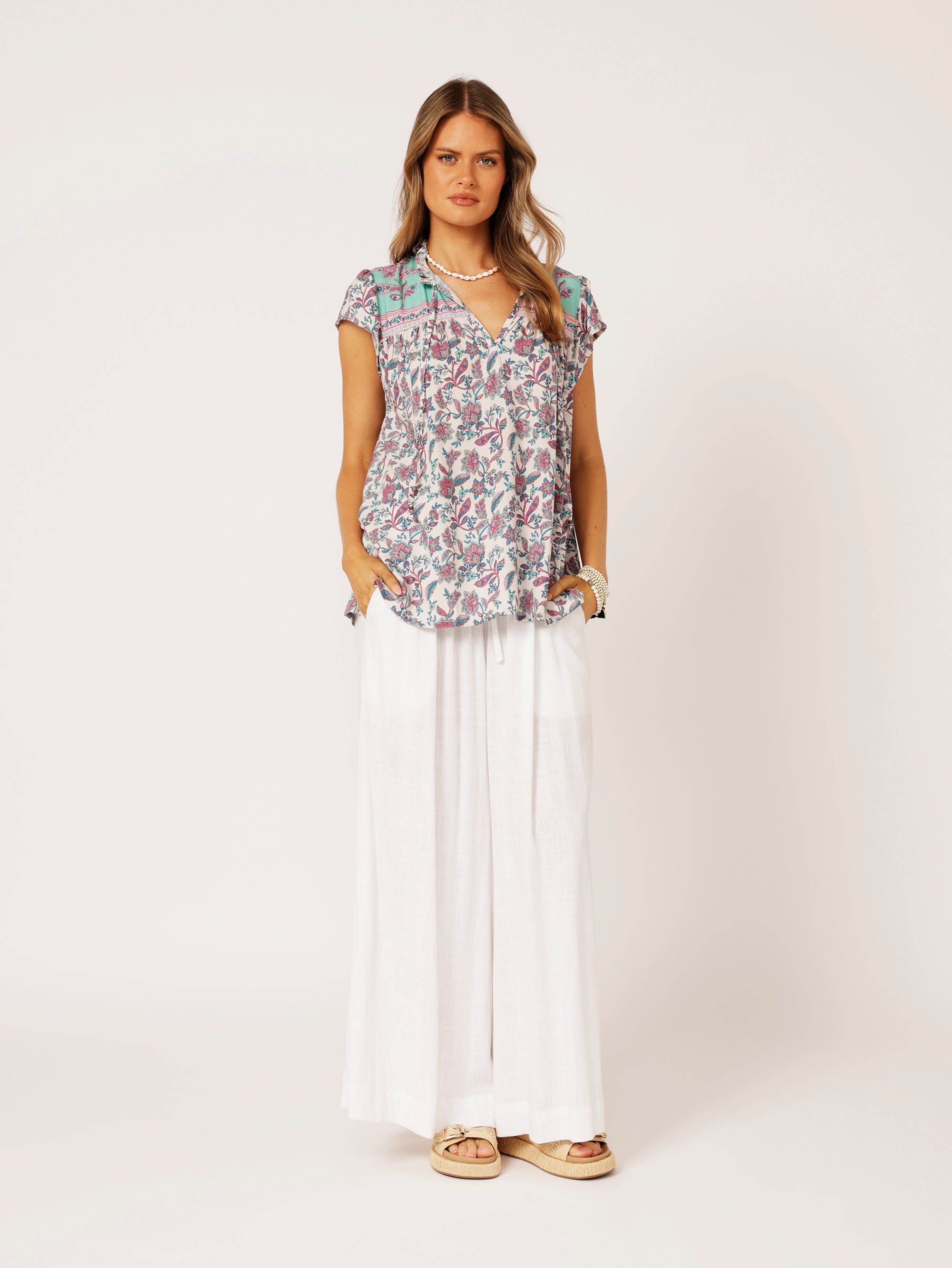 Freddie Blouse (Short Sleeve) | Turquoise Bloom - Saffron Road