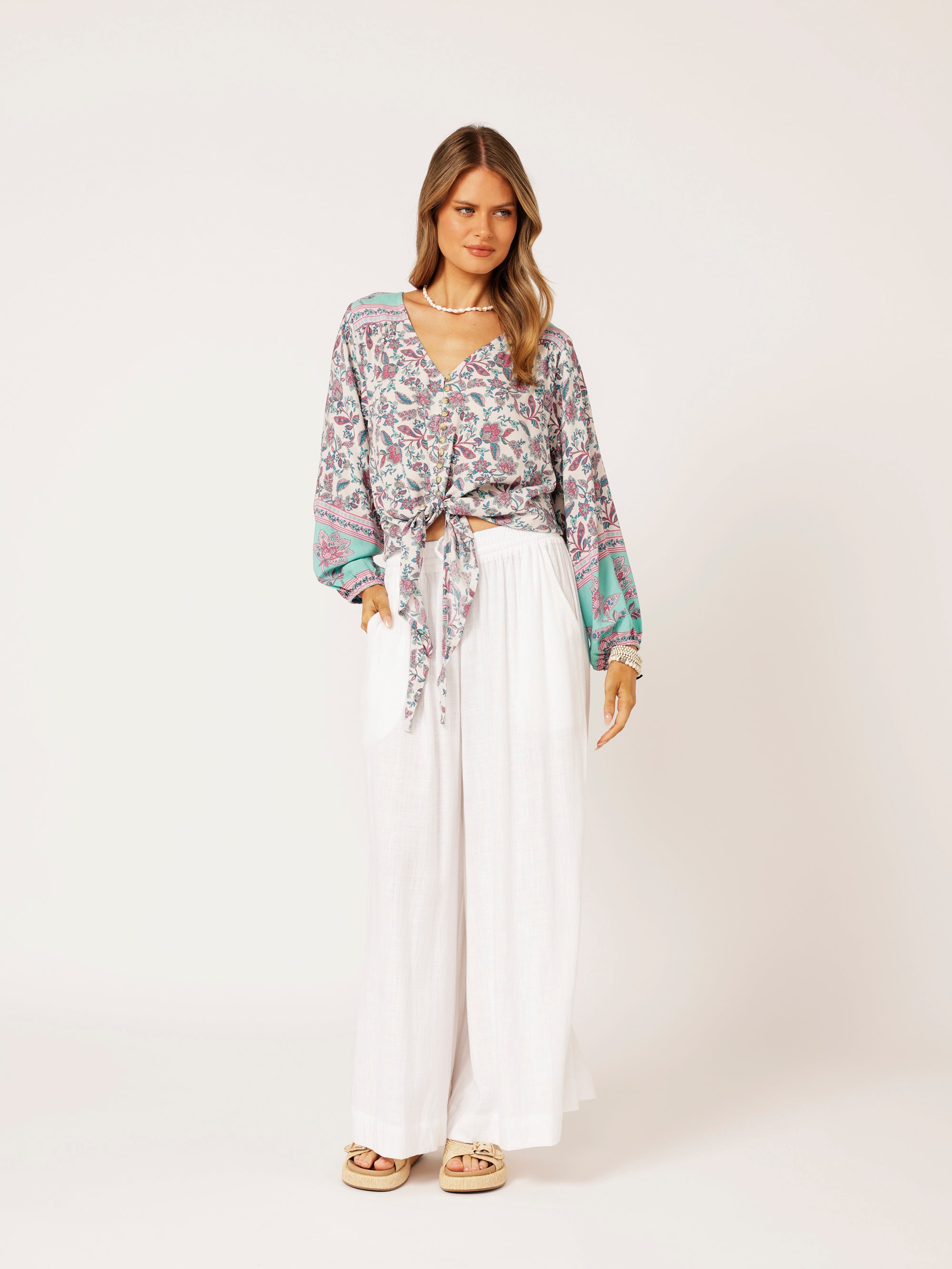 Jasmine Tie Top | Turquoise Bloom - Saffron Road