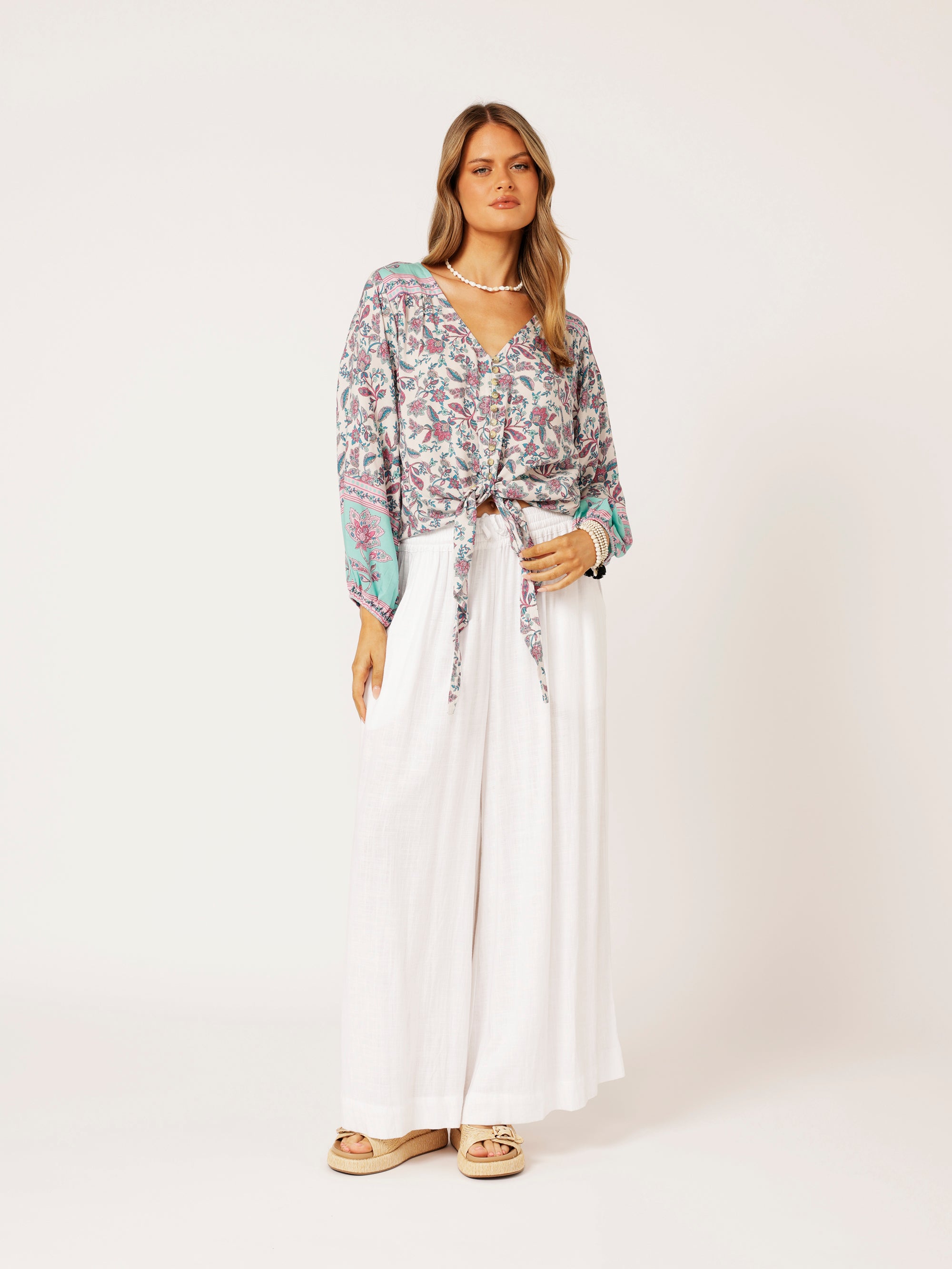 Jasmine Tie Top | Turquoise Bloom - Saffron Road