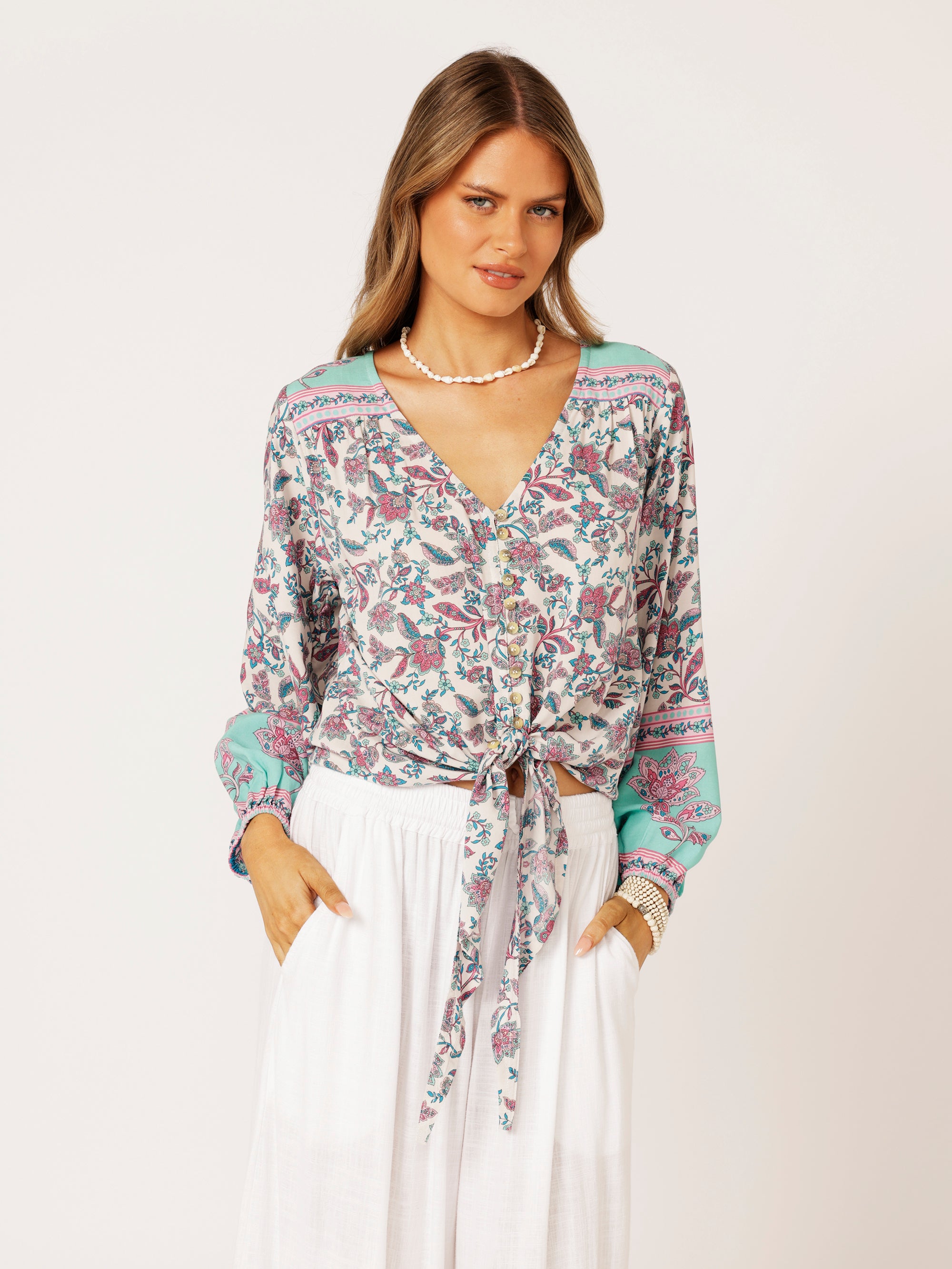 Jasmine Tie Top | Turquoise Bloom - Saffron Road