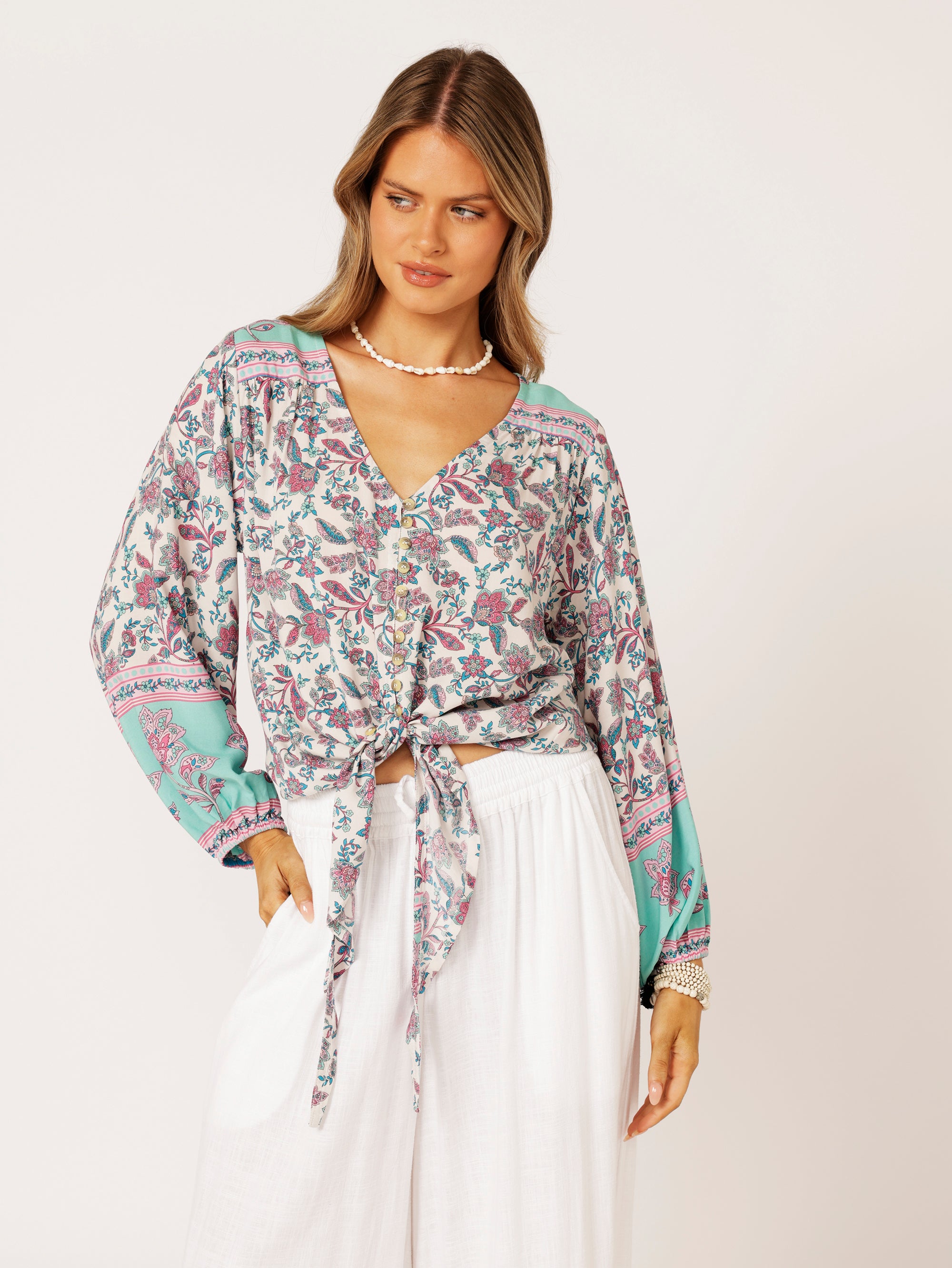 Jasmine Tie Top | Turquoise Bloom - Saffron Road