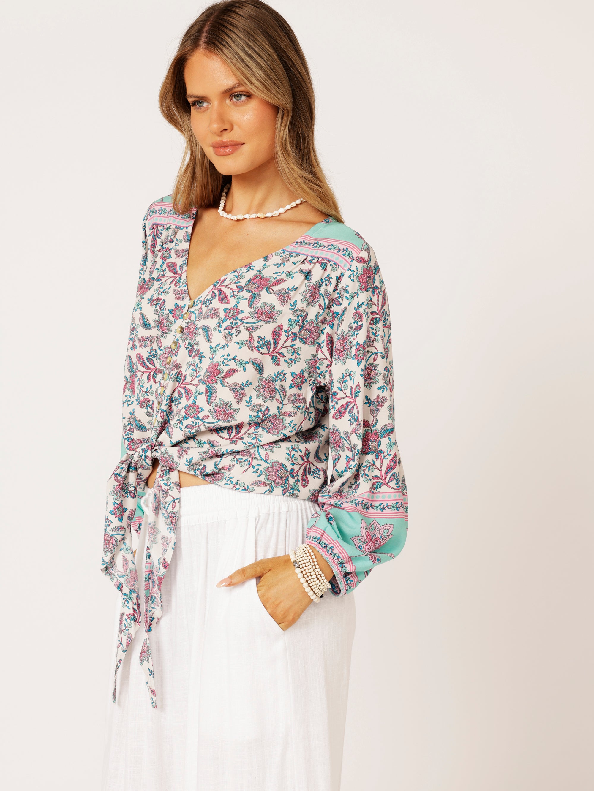 Jasmine Tie Top | Turquoise Bloom - Saffron Road