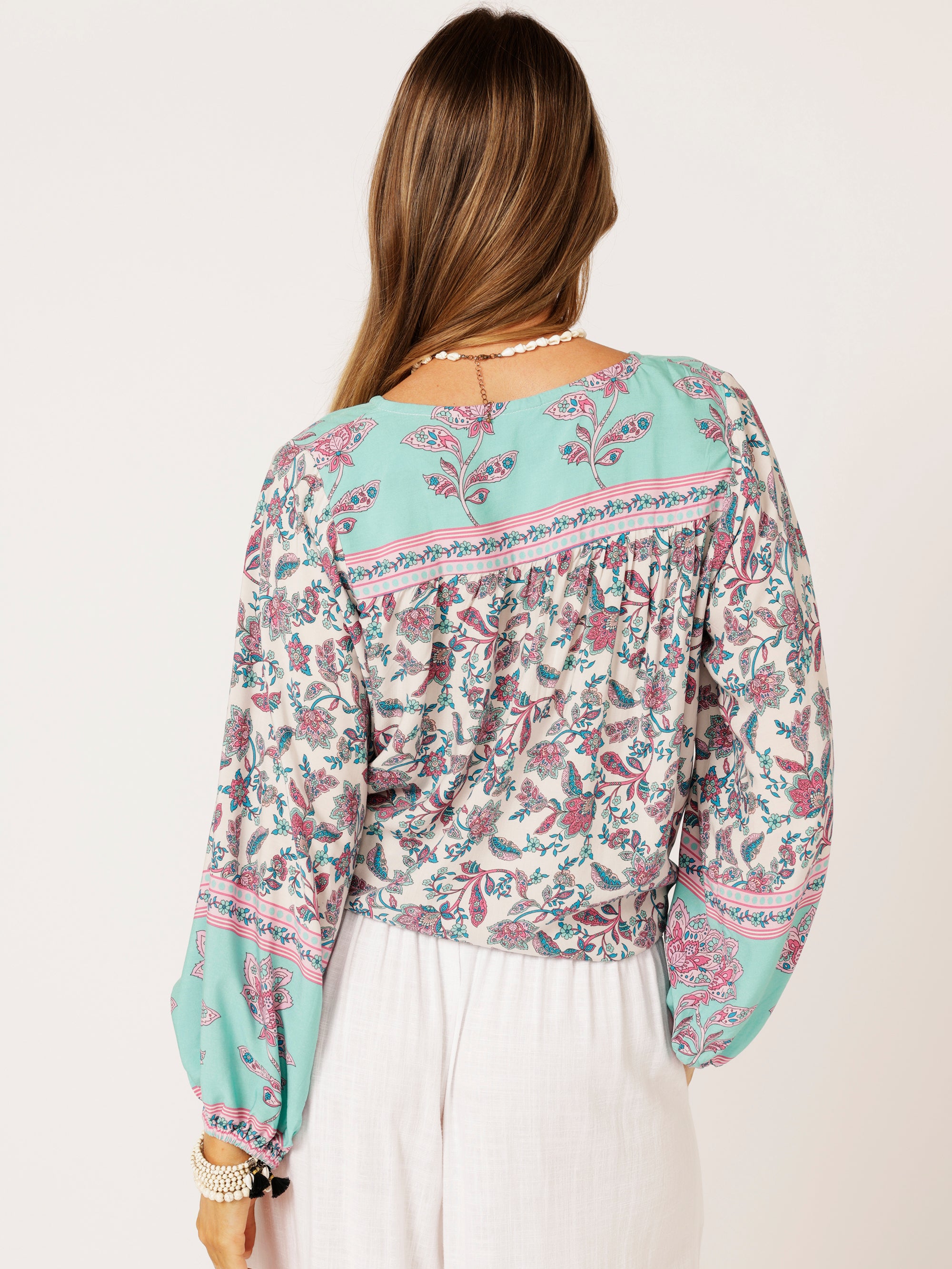 Jasmine Tie Top | Turquoise Bloom - Saffron Road