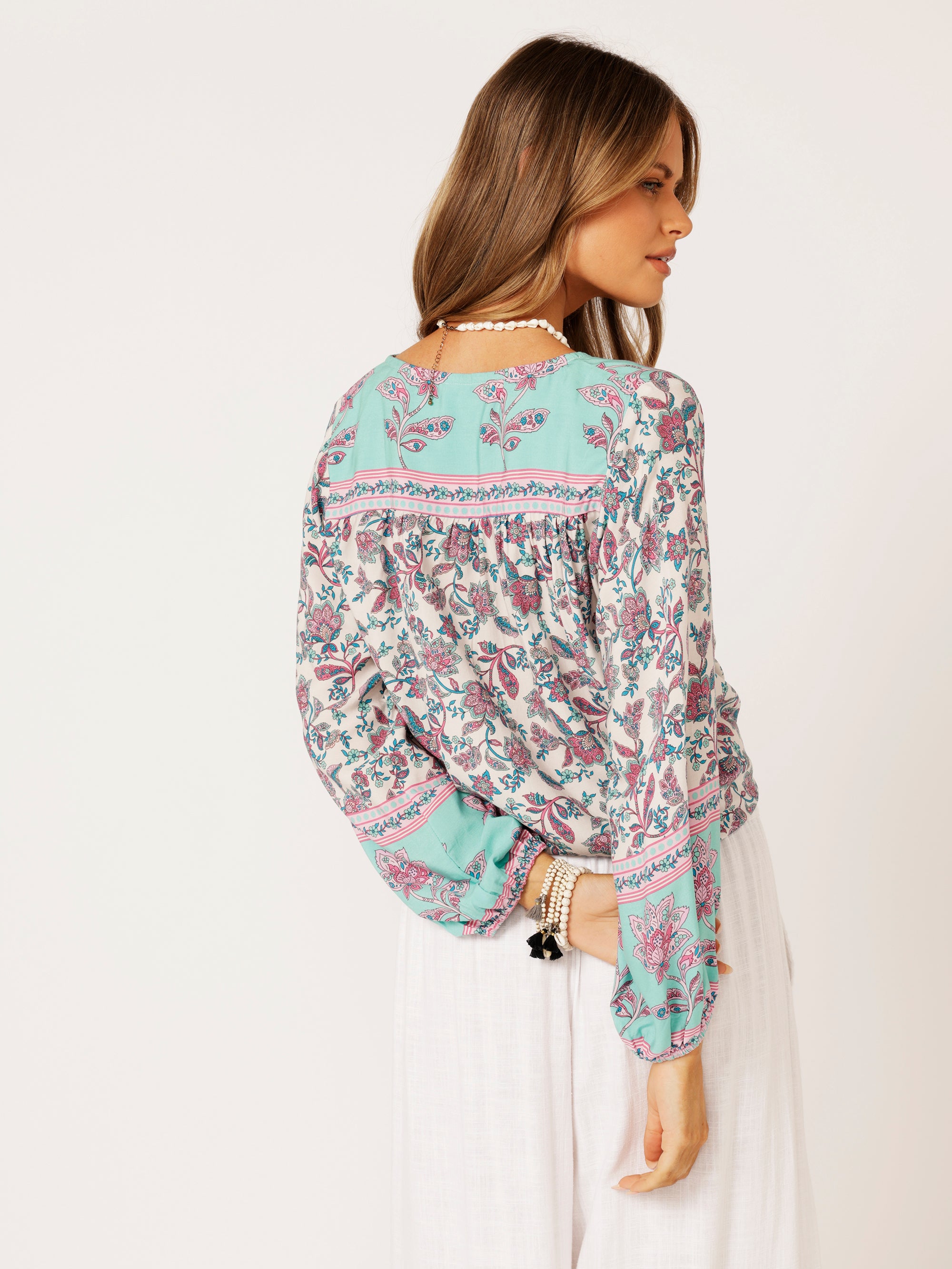 Jasmine Tie Top | Turquoise Bloom - Saffron Road