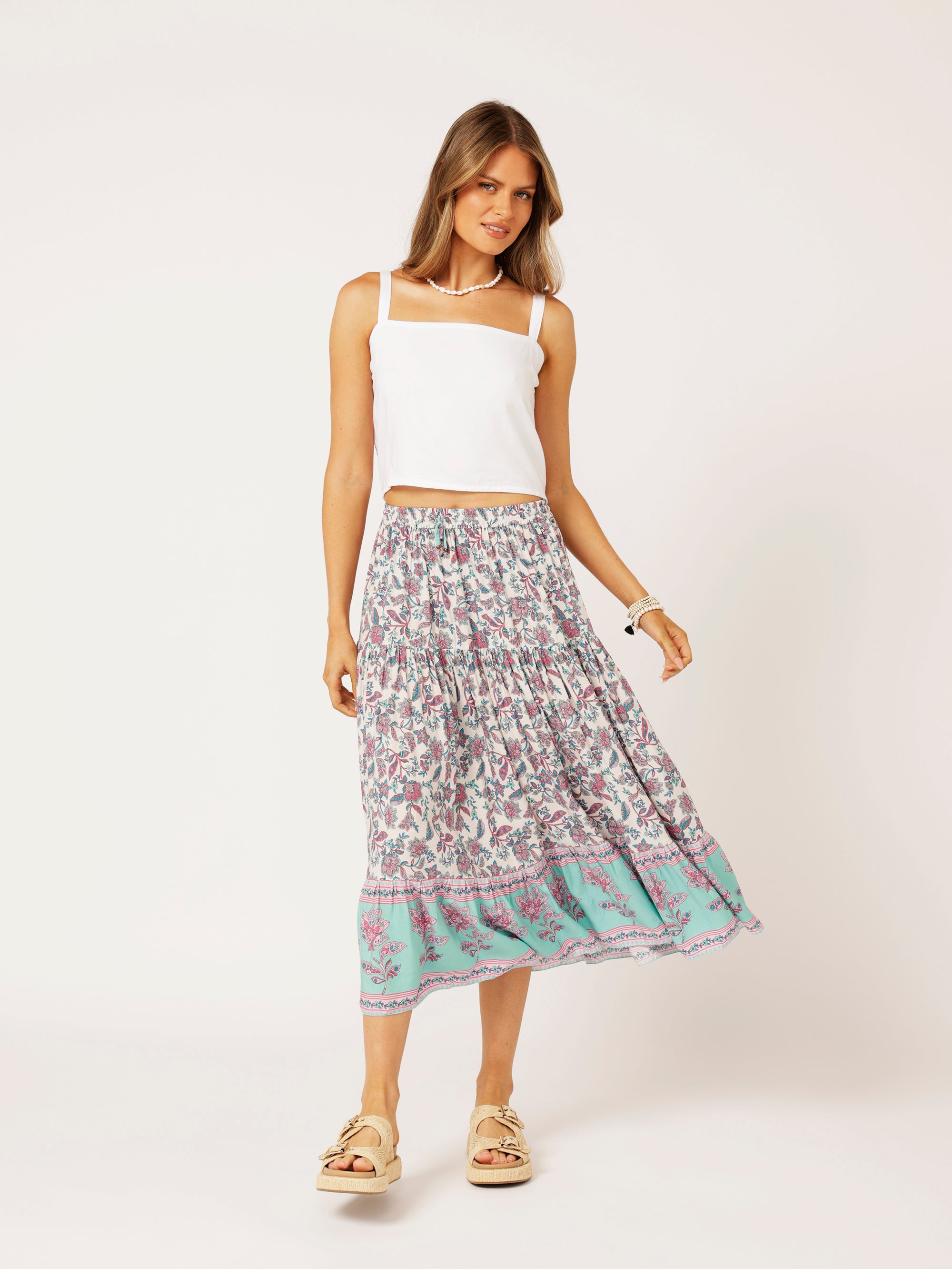 Dahlia Skirt MIDI | Turquoise Bloom - Saffron Road