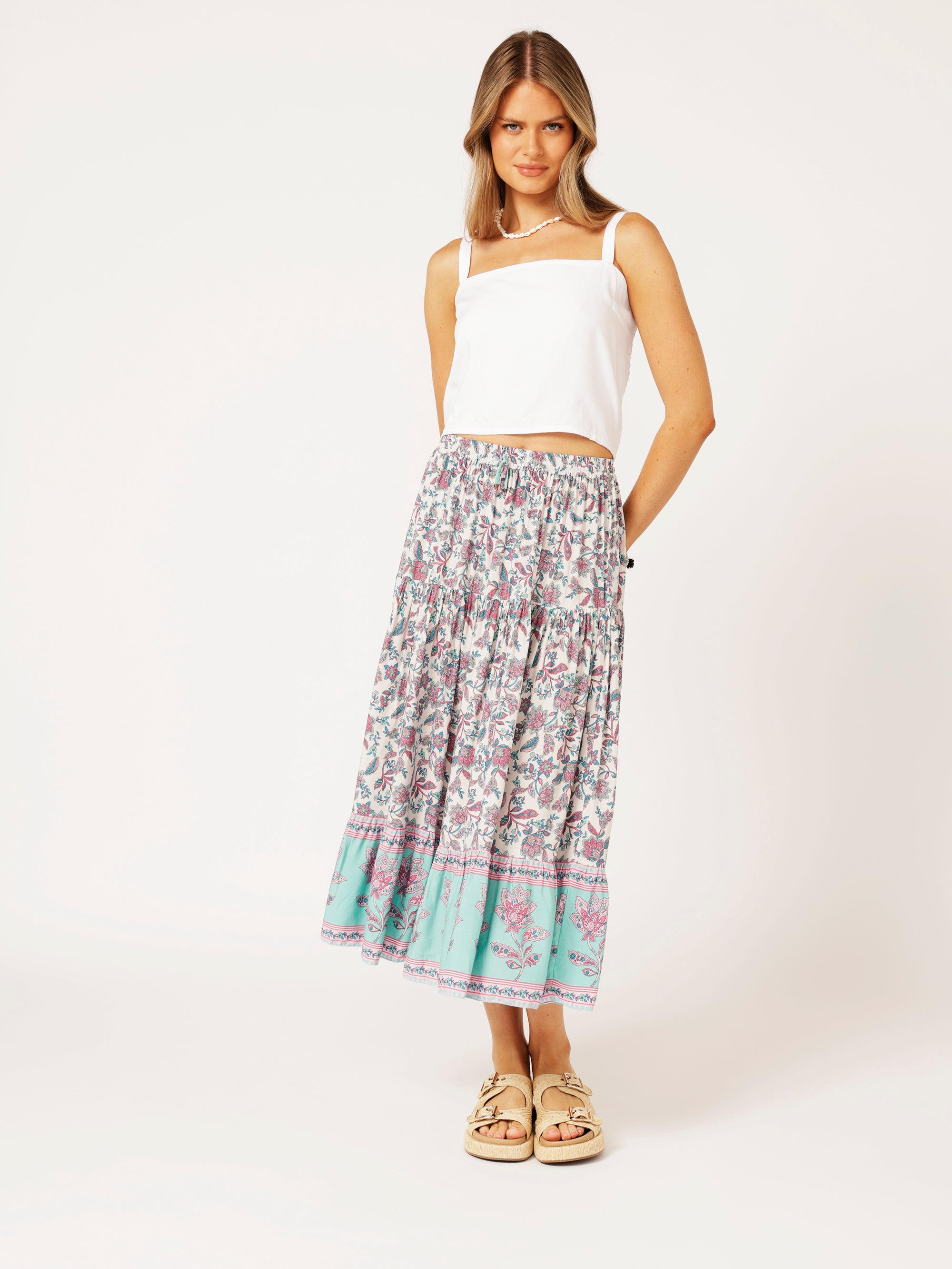 Dahlia Skirt MIDI | Turquoise Bloom - Saffron Road