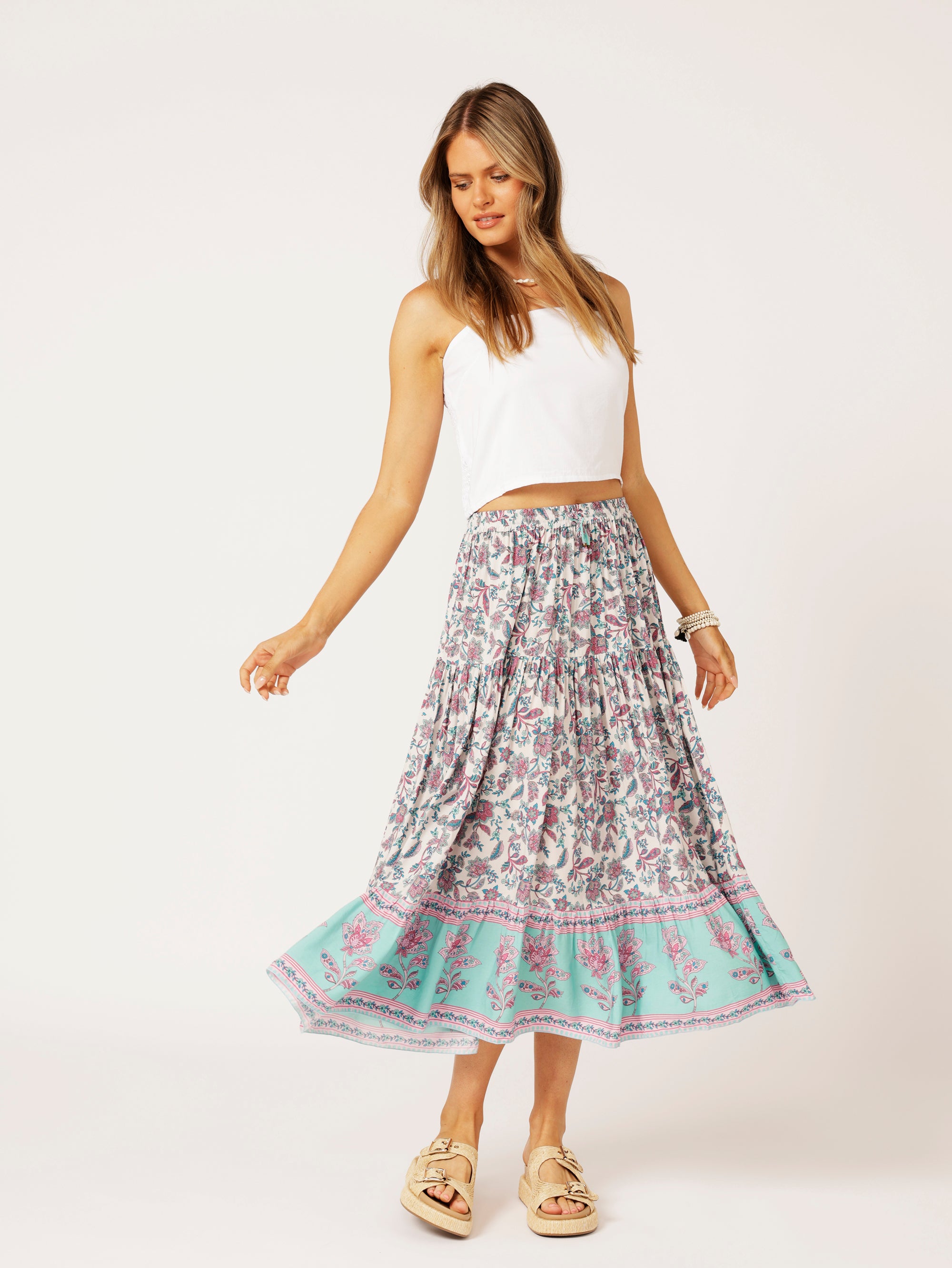 Dahlia Skirt MIDI | Turquoise Bloom - Saffron Road