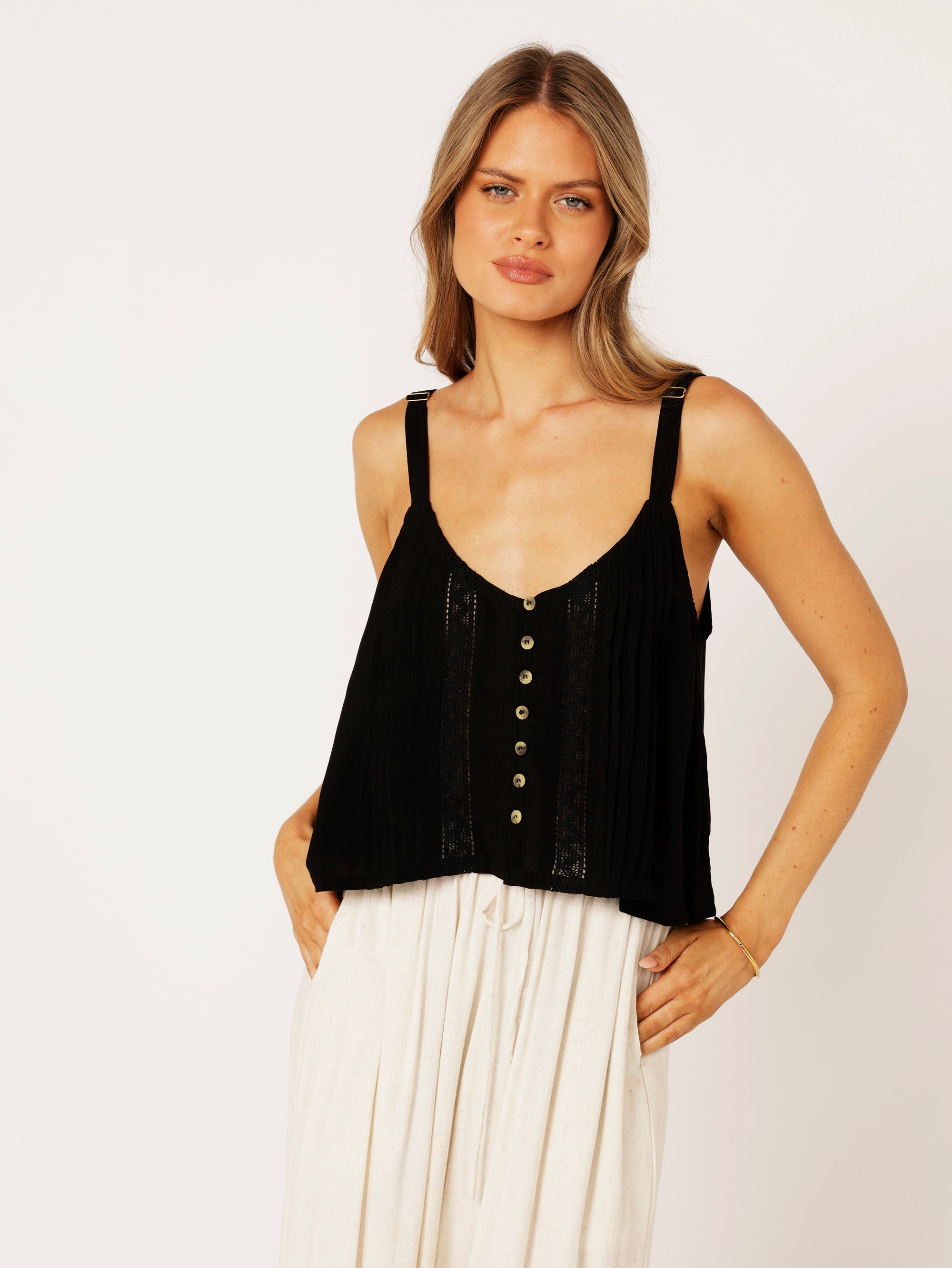 Santorini Singlet CROPPED | Black - Saffron Road