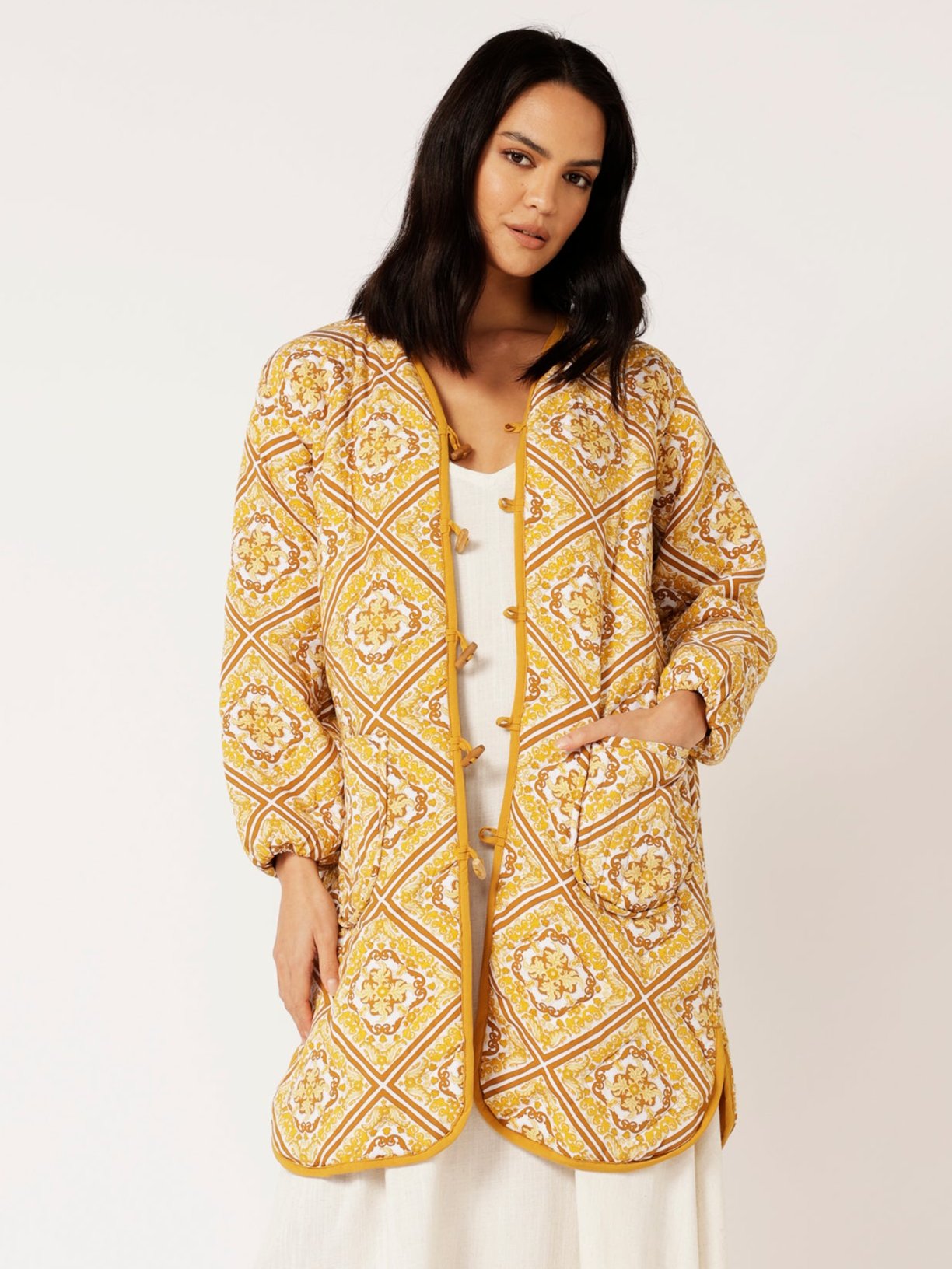 Quilted Jacket LONG | Golden Tile - Saffron Road