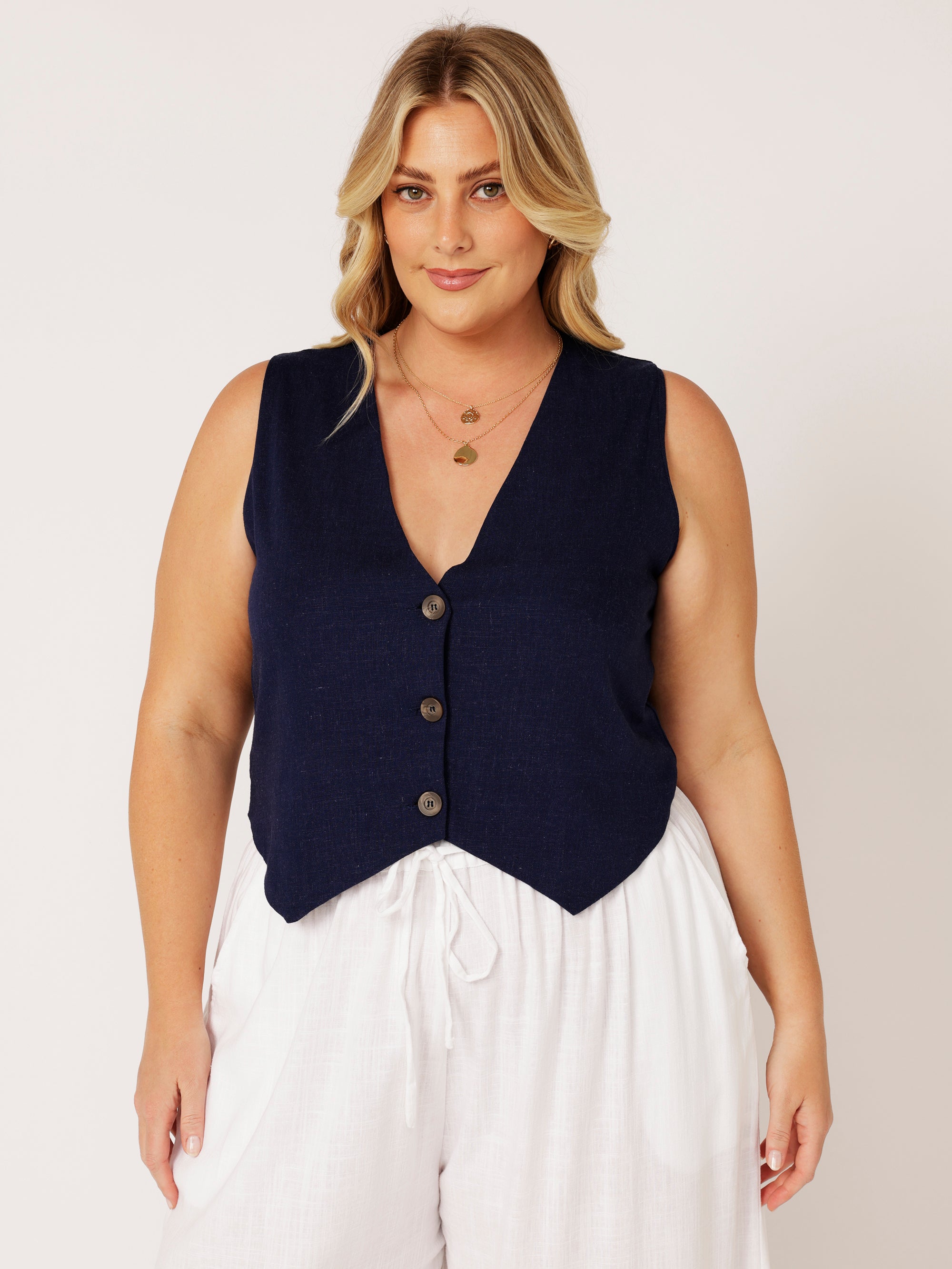 Vest | Navy | Linen Viscose - Saffron Road