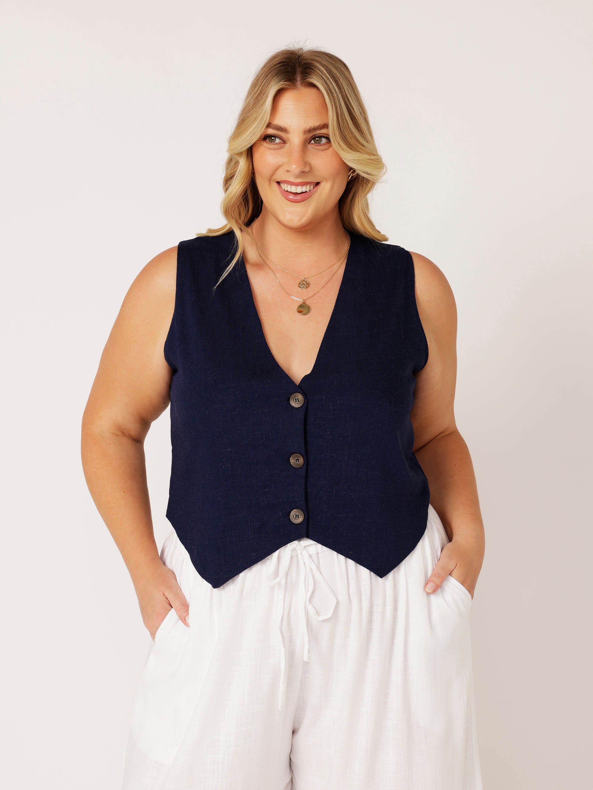 Vest | Navy | Linen Viscose - Saffron Road