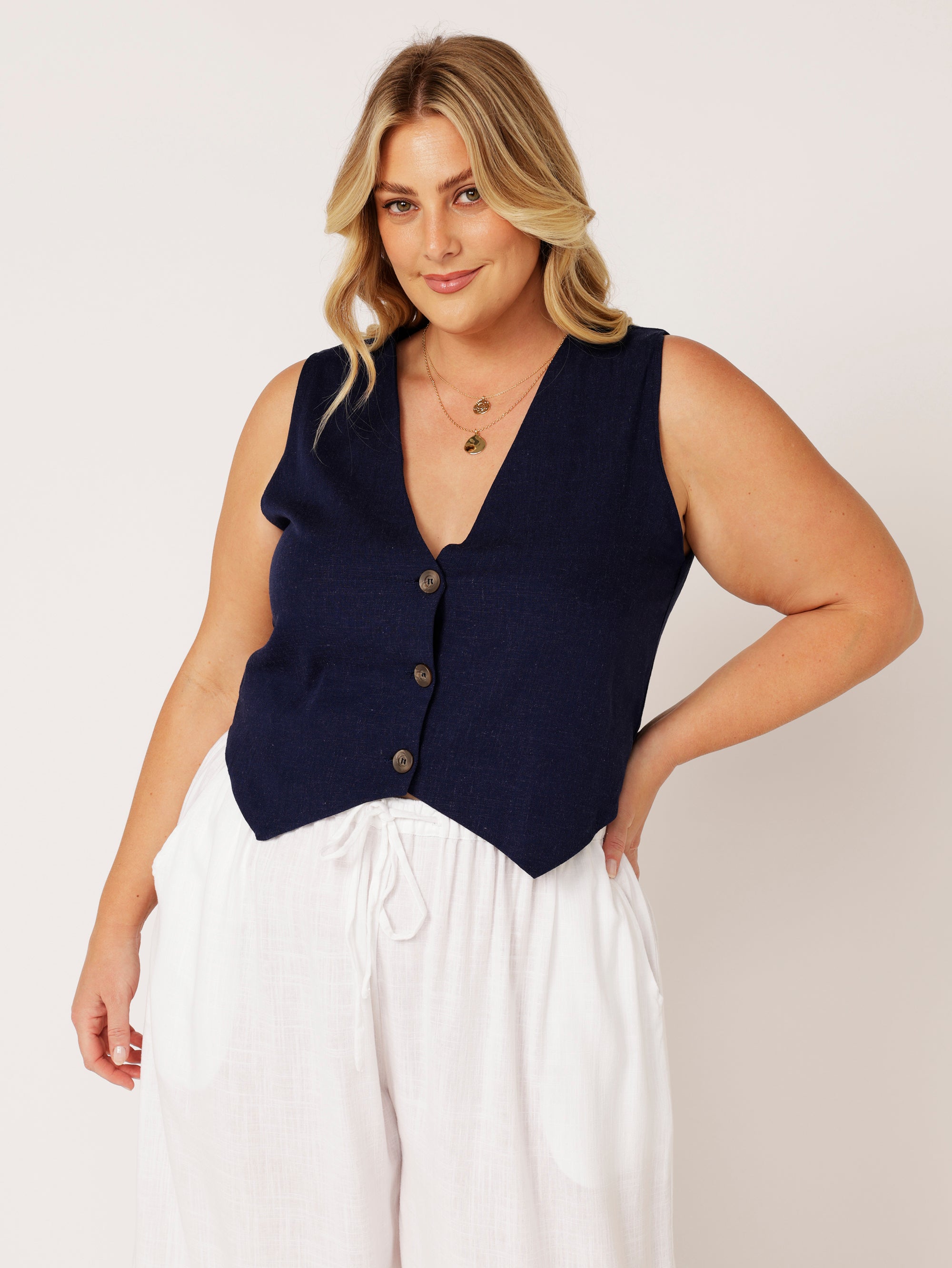 Vest | Navy | Linen Viscose - Saffron Road