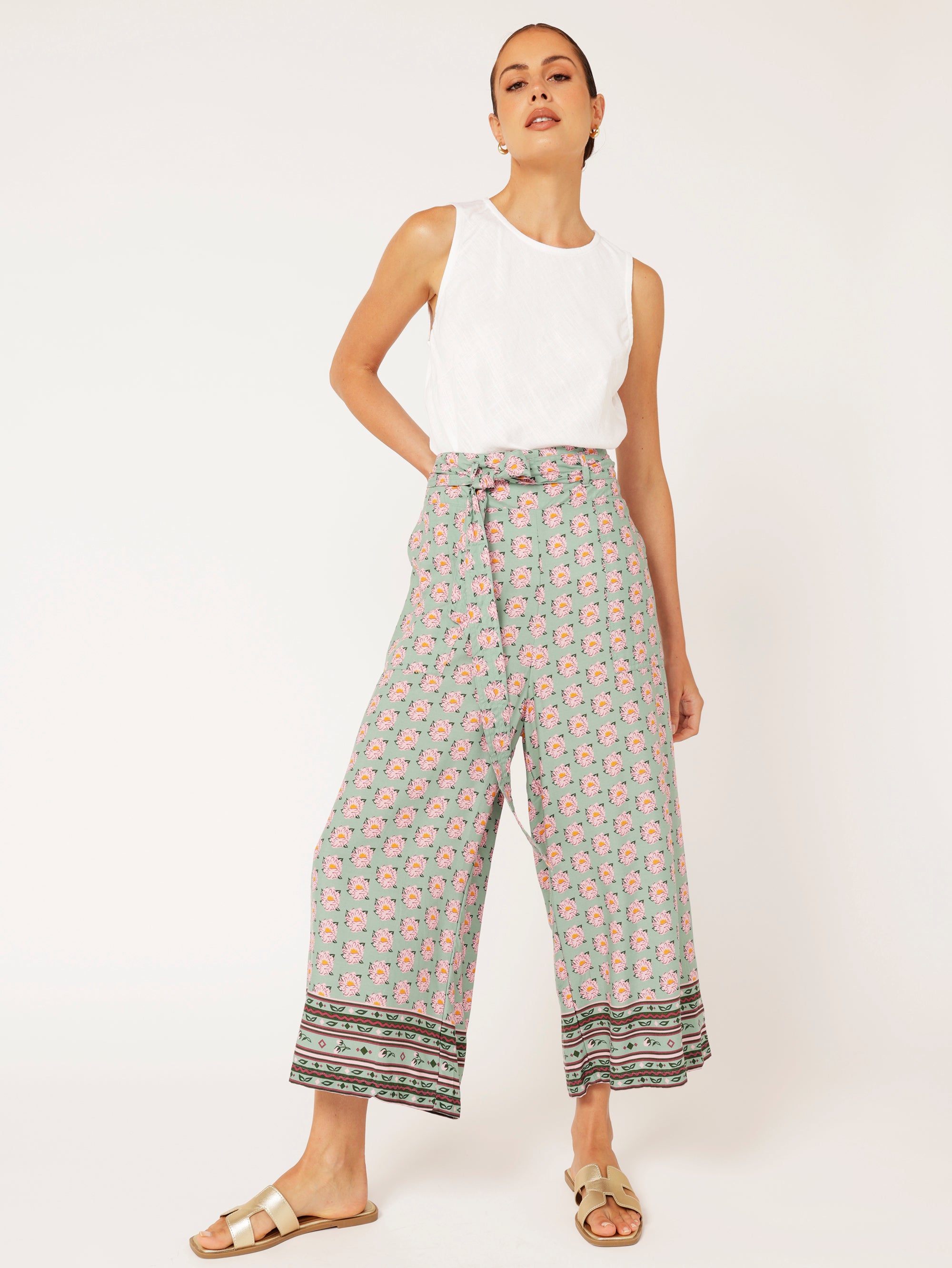 High Waisted Lounge Pant | Cropped | Sage Peony - Saffron Road