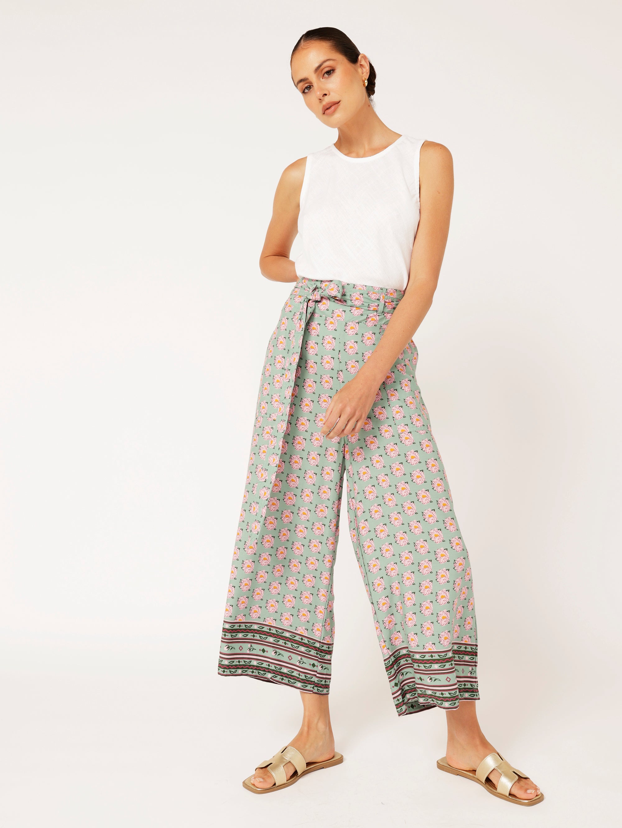 High Waisted Lounge Pant | Cropped | Sage Peony - Saffron Road