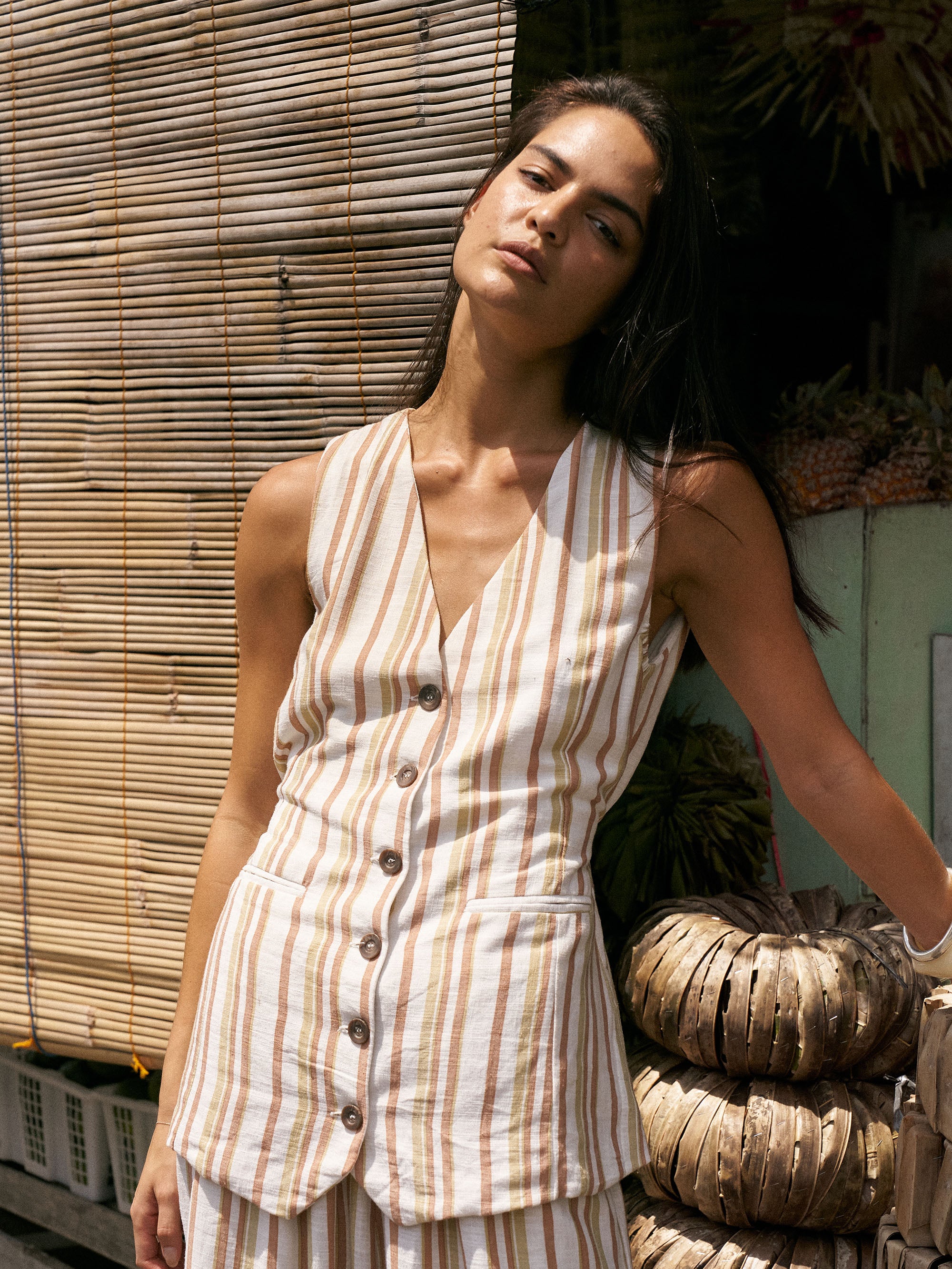 Vest (LONG) | Sand Stripe | Linen Viscose - Saffron Road